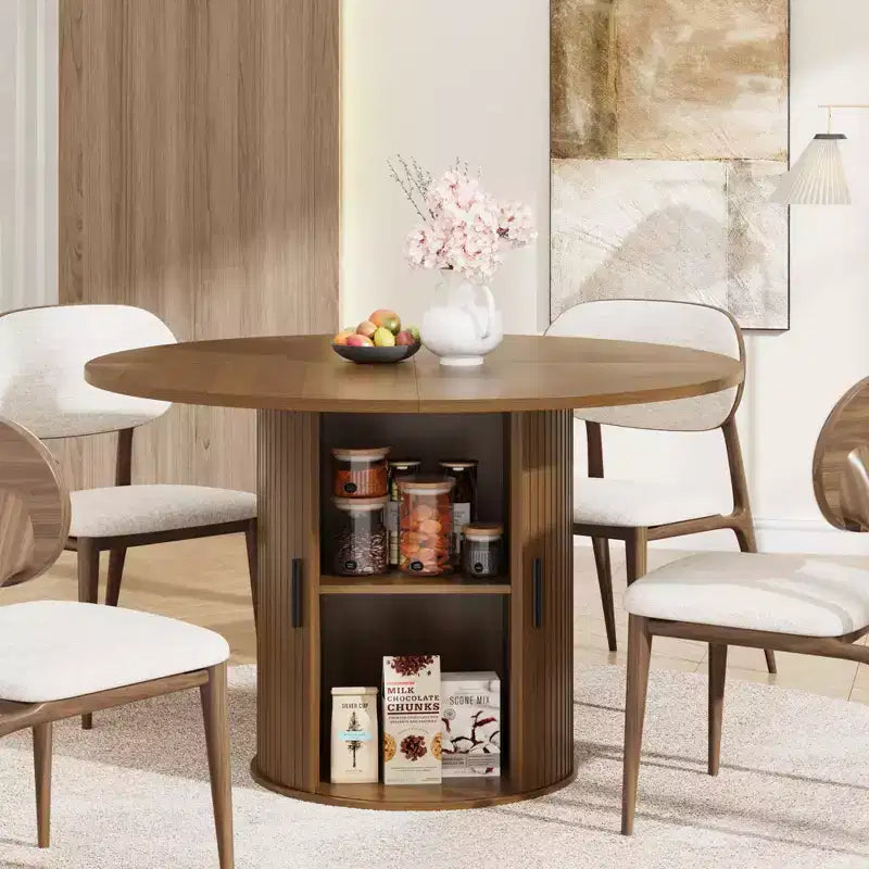 Table à manger ronde de 47 pouces pour 4 personnes, étagère de rangement à 2 niveaux avec porte coulissante en bois, table de cuisine pour salle à manger et salon