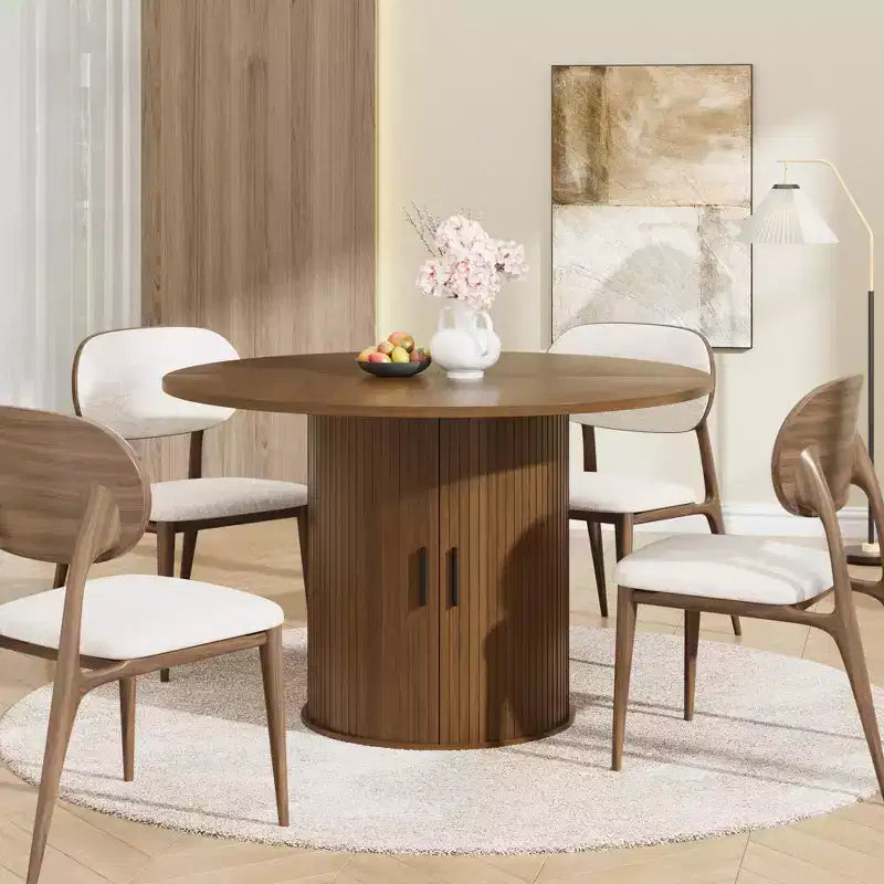 Table à manger ronde de 47 pouces pour 4 personnes, étagère de rangement à 2 niveaux avec porte coulissante en bois, table de cuisine pour salle à manger et salon