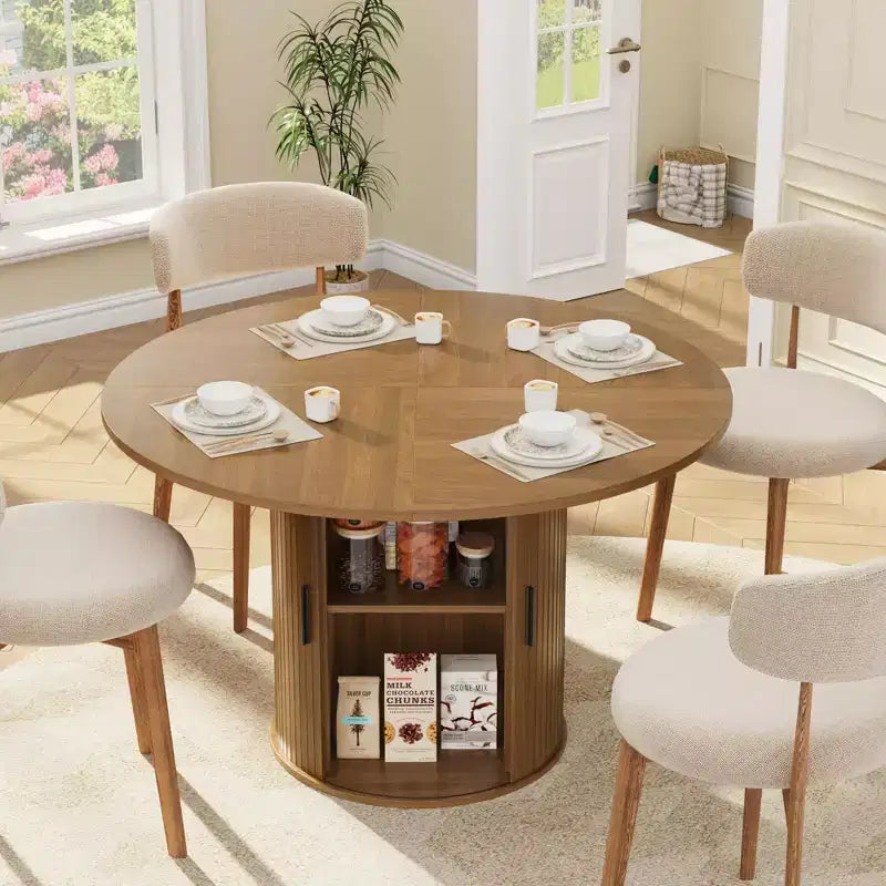 Table à manger ronde de 47 pouces pour 4 personnes, étagère de rangement à 2 niveaux avec porte coulissante en bois, table de cuisine pour salle à manger et salon