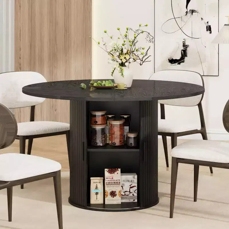 Table à manger ronde de 47 pouces pour 4 personnes, étagère de rangement à 2 niveaux avec porte coulissante en bois, table de cuisine pour salle à manger et salon
