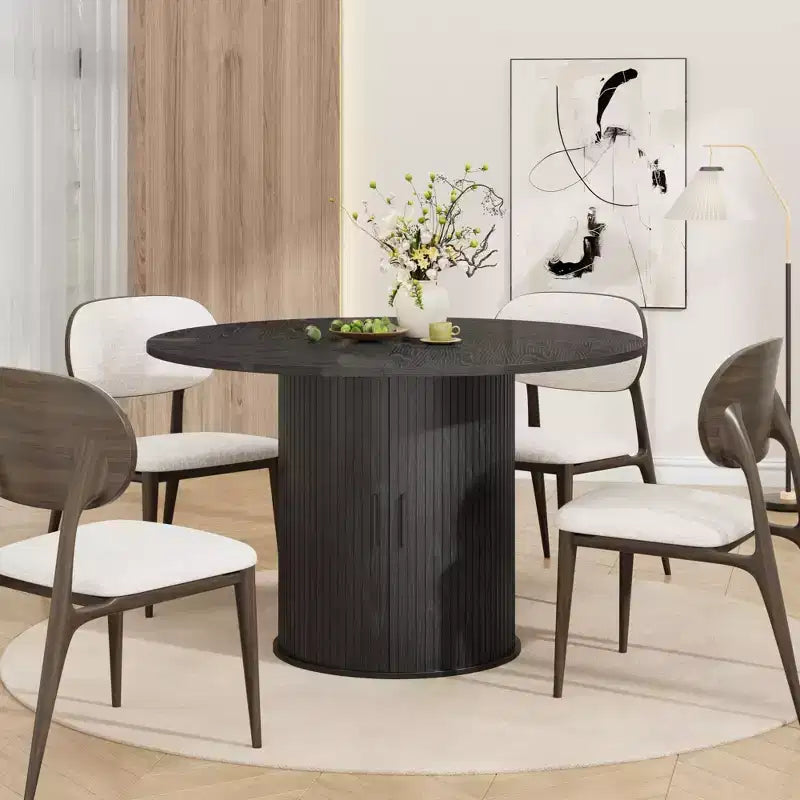 Table à manger ronde de 47 pouces pour 4 personnes, étagère de rangement à 2 niveaux avec porte coulissante en bois, table de cuisine pour salle à manger et salon