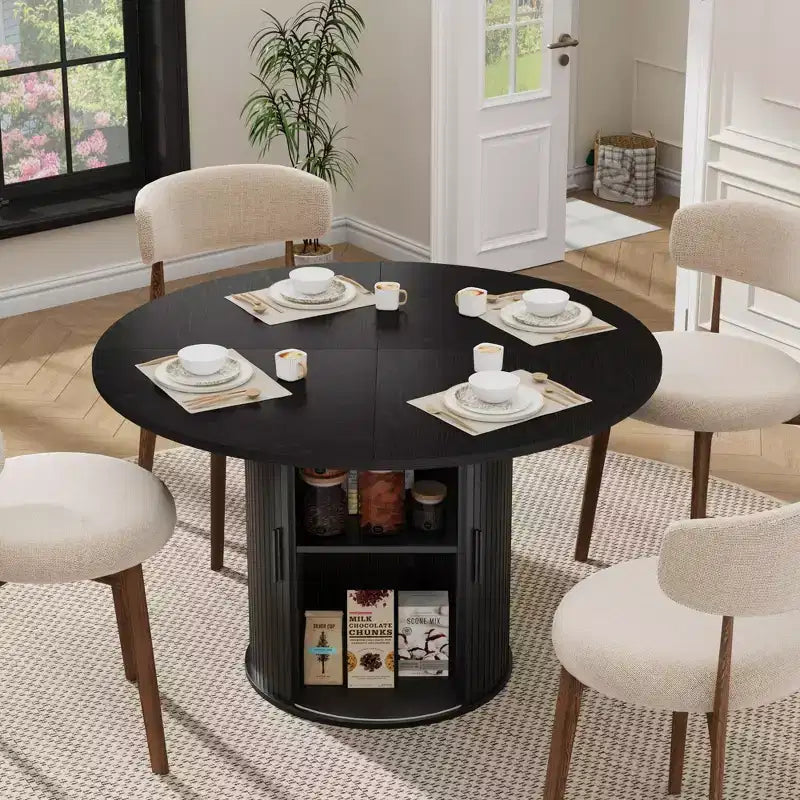 Table à manger ronde de 47 pouces pour 4 personnes, étagère de rangement à 2 niveaux avec porte coulissante en bois, table de cuisine pour salle à manger et salon