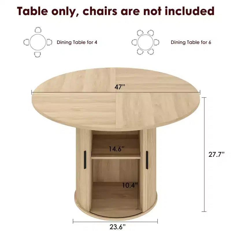 Table à manger ronde de 47 pouces pour 4 personnes, étagère de rangement à 2 niveaux avec porte coulissante en bois, table de cuisine pour salle à manger et salon