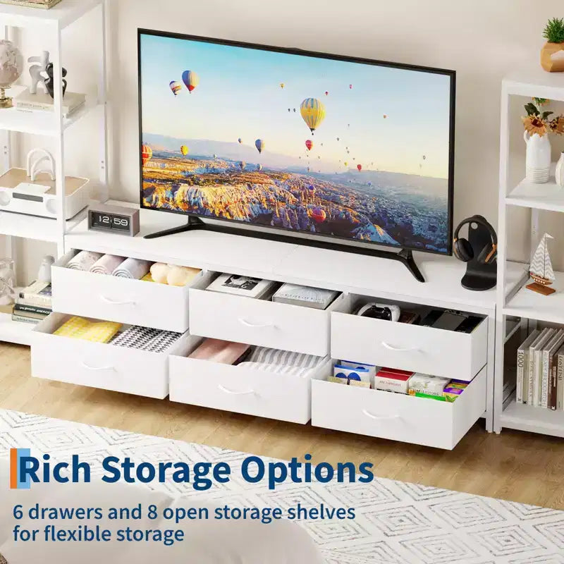 Meuble TV pour téléviseurs jusqu'à 75 pouces, meuble de rangement industriel avec 6 tiroirs en tissu et deux étagères de rangement à 4 niveaux, console multimédia pour salon et chambre à coucher.