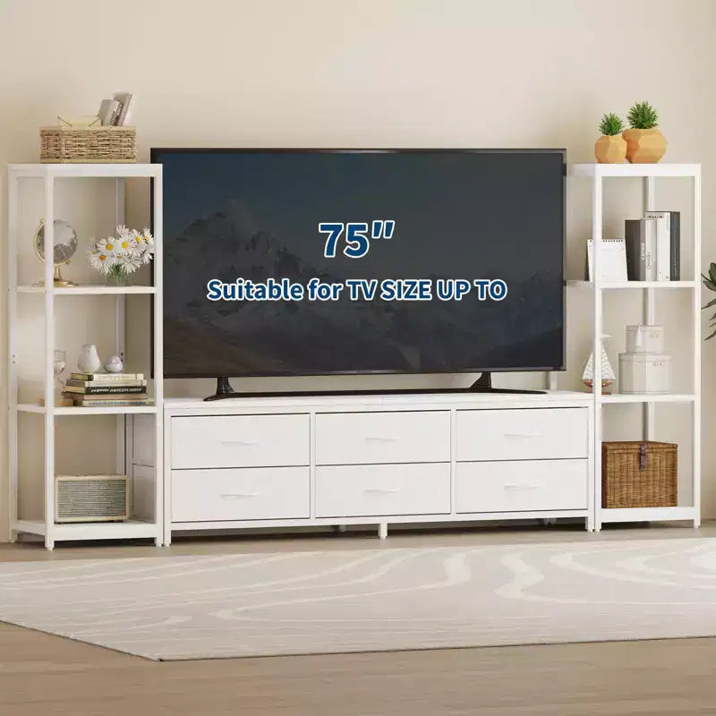 Meuble TV pour téléviseurs jusqu'à 75 pouces, meuble de rangement industriel avec 6 tiroirs en tissu et deux étagères de rangement à 4 niveaux, console multimédia pour salon et chambre à coucher.