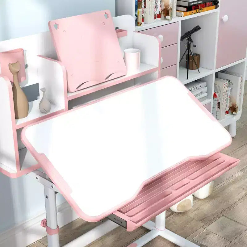 Pupitre et chaise pour enfants Qaba, ensemble bureau et chaise d'étude pour enfants réglable en hauteur avec plateau inclinable, tiroir de rangement et porte-livre, rose