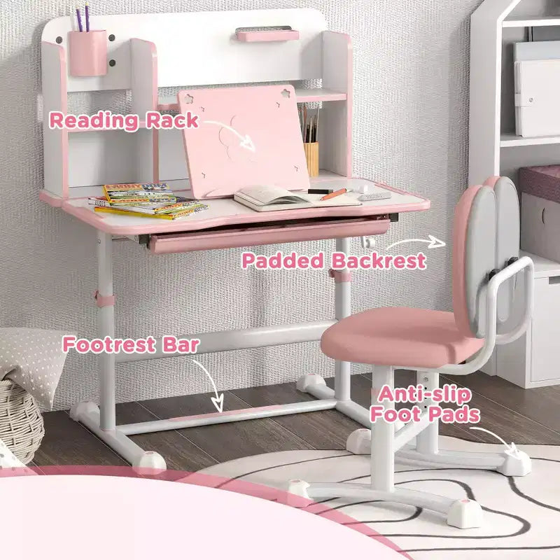 Pupitre et chaise pour enfants Qaba, ensemble bureau et chaise d'étude pour enfants réglable en hauteur avec plateau inclinable, tiroir de rangement et porte-livre, rose