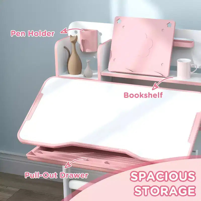 Pupitre et chaise pour enfants Qaba, ensemble bureau et chaise d'étude pour enfants réglable en hauteur avec plateau inclinable, tiroir de rangement et porte-livre, rose