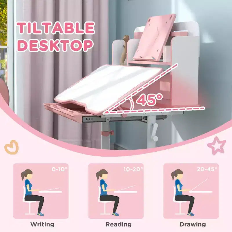 Pupitre et chaise pour enfants Qaba, ensemble bureau et chaise d'étude pour enfants réglable en hauteur avec plateau inclinable, tiroir de rangement et porte-livre, rose