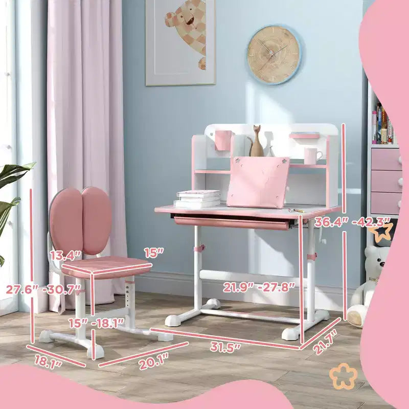 Pupitre et chaise pour enfants Qaba, ensemble bureau et chaise d'étude pour enfants réglable en hauteur avec plateau inclinable, tiroir de rangement et porte-livre, rose