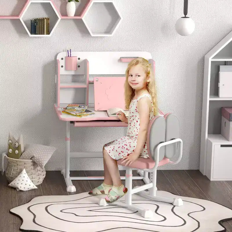 Pupitre et chaise pour enfants Qaba, ensemble bureau et chaise d'étude pour enfants réglable en hauteur avec plateau inclinable, tiroir de rangement et porte-livre, rose