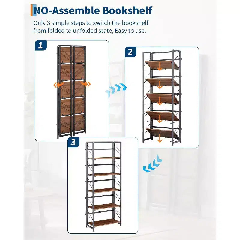 Étagère pliante à 4/5 niveaux – Bibliothèque industrielle sans assemblage pour bureau à domicile