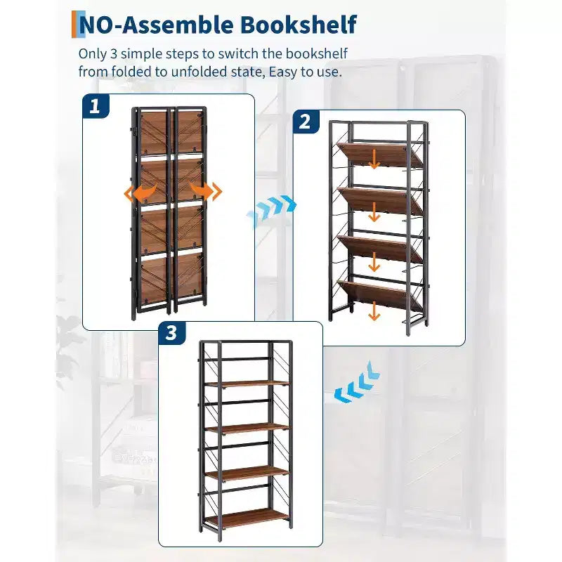 Étagère pliante à 4/5 niveaux – Bibliothèque industrielle sans assemblage pour bureau à domicile