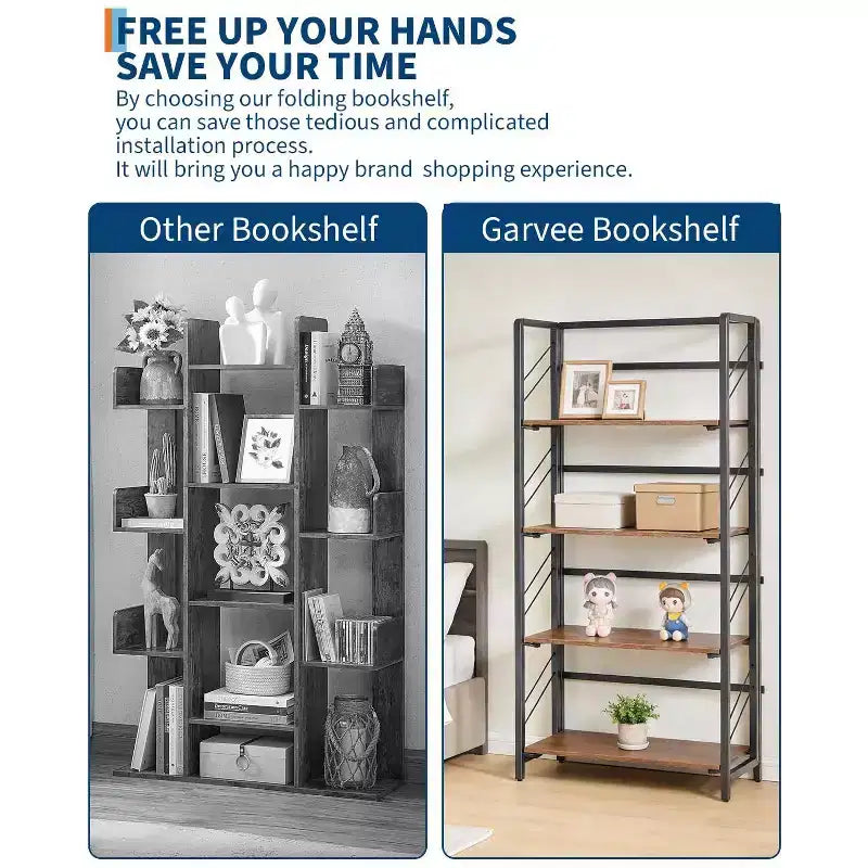 Étagère pliante à 4/5 niveaux – Bibliothèque industrielle sans assemblage pour bureau à domicile