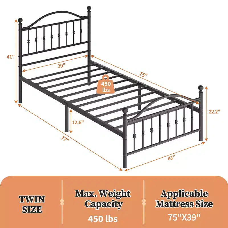 Cadre de lit plateforme robuste en métal avec tête de lit - Taille simple - Sommier durable