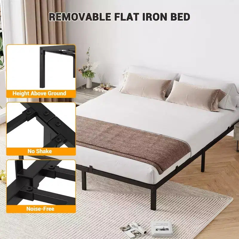 Cadre de lit plateforme en métal robuste Construction en acier robuste Pas besoin de sommier Tapissier Silencieux, profil bas, assemblage facile, supporte jusqu'à 360 kg