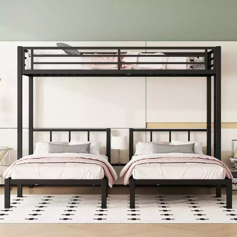Lit superposé triple en métal Bellemave, deux lits jumeaux superposés et un lit jumeau, en forme de L détachable, convertible en 3 lits, barrières de sécurité et étagère, noir