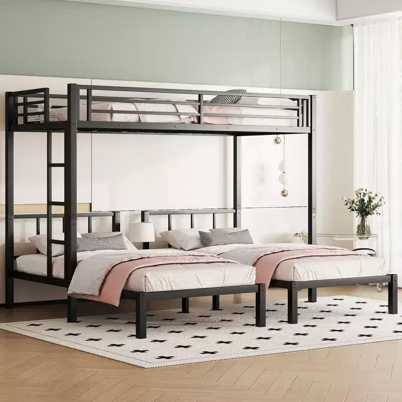 Lit superposé triple en métal Bellemave, deux lits jumeaux superposés et un lit jumeau, en forme de L détachable, convertible en 3 lits, barrières de sécurité et étagère, noir