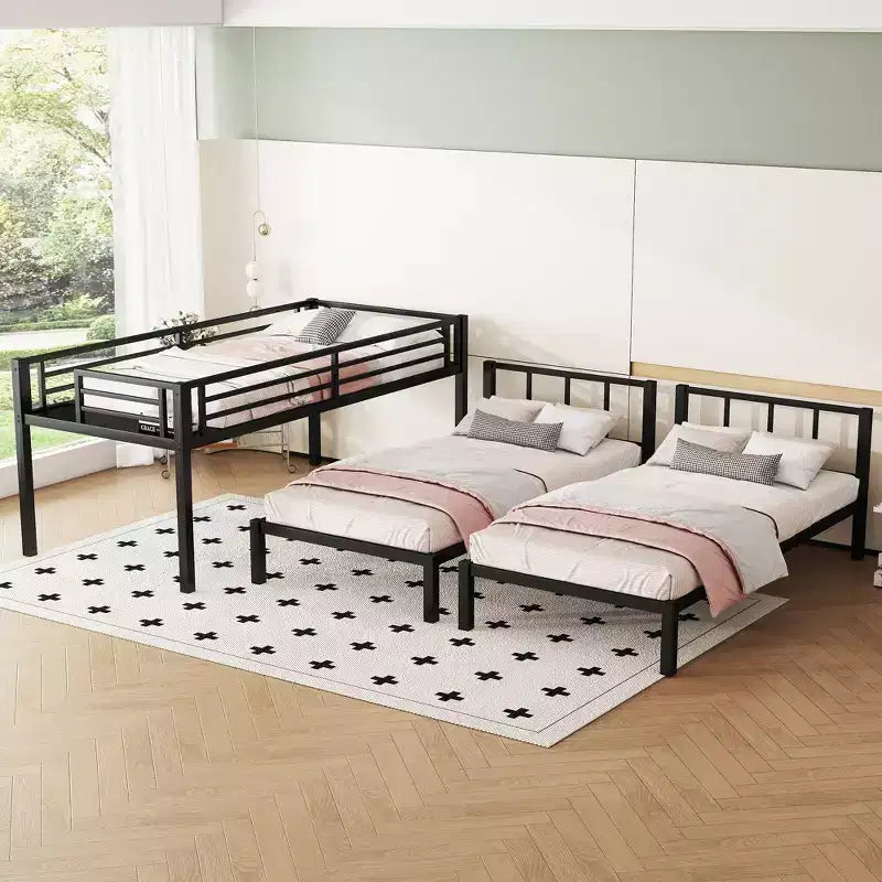 Lit superposé triple en métal Bellemave, deux lits jumeaux superposés et un lit jumeau, en forme de L détachable, convertible en 3 lits, barrières de sécurité et étagère, noir