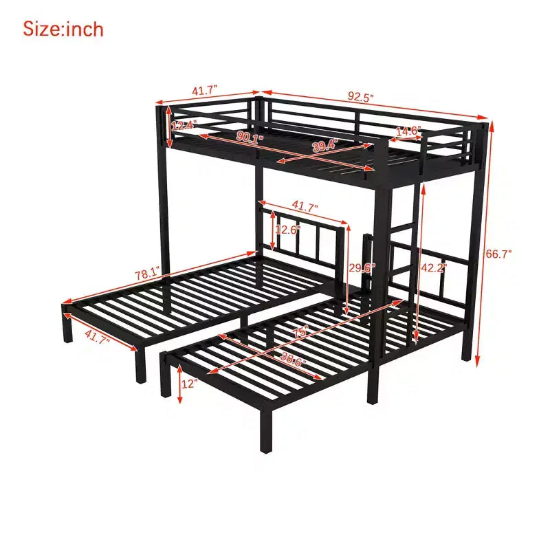 Lit superposé triple en métal Bellemave, deux lits jumeaux superposés et un lit jumeau, en forme de L détachable, convertible en 3 lits, barrières de sécurité et étagère, noir