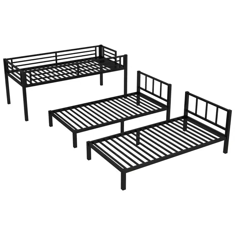 Lit superposé triple en métal Bellemave, deux lits jumeaux superposés et un lit jumeau, en forme de L détachable, convertible en 3 lits, barrières de sécurité et étagère, noir