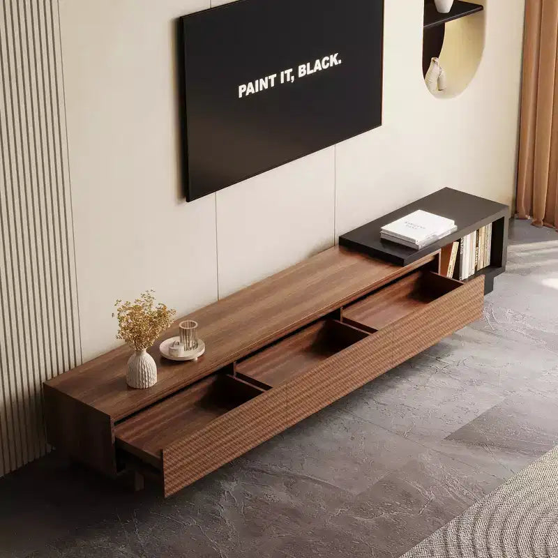 Meuble TV extensible Luck Live Mid-Century Modern 78.74102.3 avec 3 tiroirs, façade texturée et console multimédia moderne pour salon