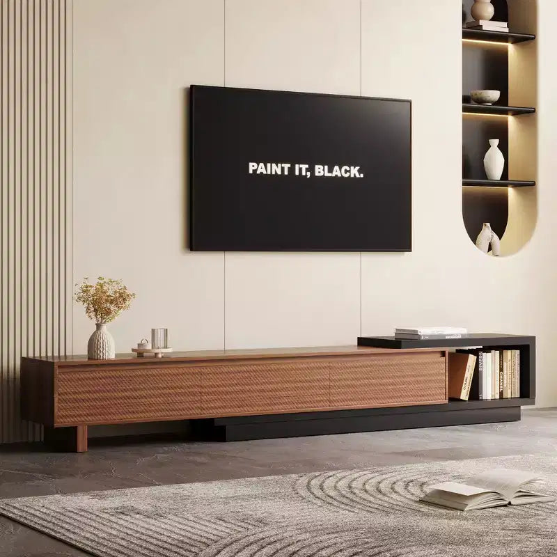 Meuble TV extensible Luck Live Mid-Century Modern 78.74102.3 avec 3 tiroirs, façade texturée et console multimédia moderne pour salon