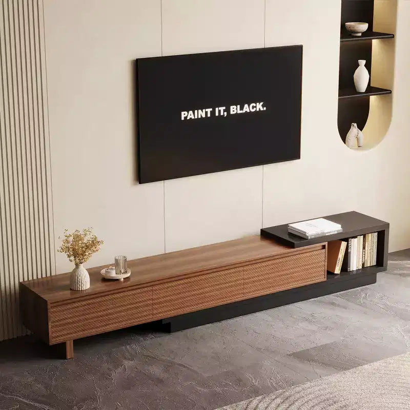 Meuble TV extensible Luck Live Mid-Century Modern 78.74102.3 avec 3 tiroirs, façade texturée et console multimédia moderne pour salon