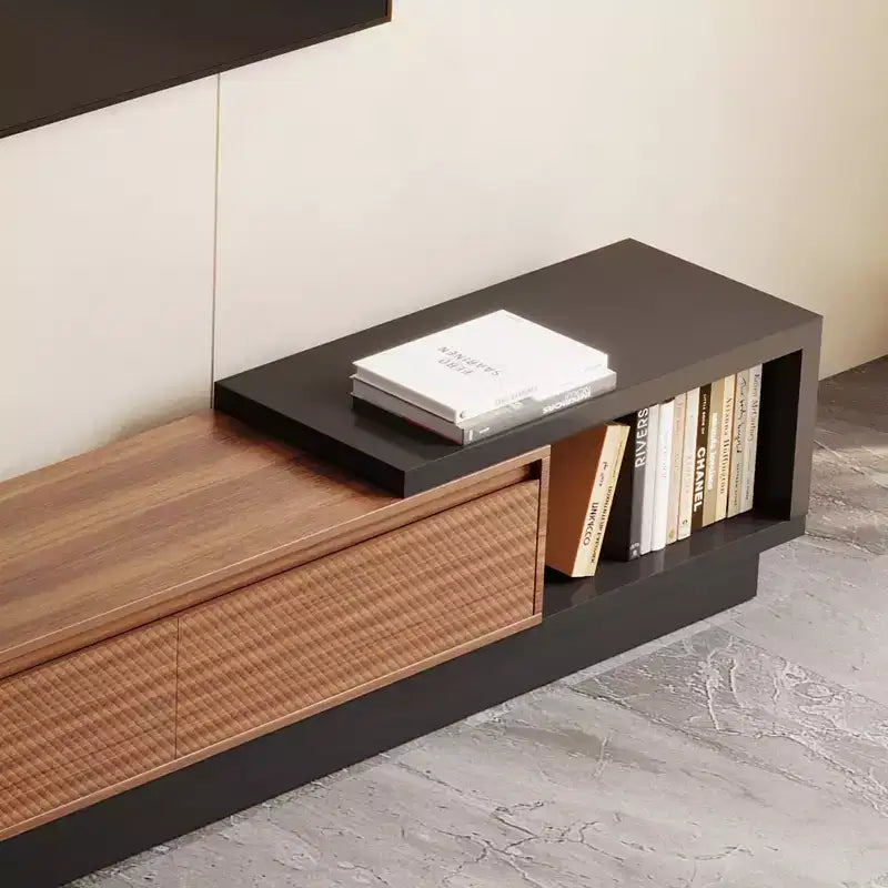 Meuble TV extensible Luck Live Mid-Century Modern 78.74102.3 avec 3 tiroirs, façade texturée et console multimédia moderne pour salon