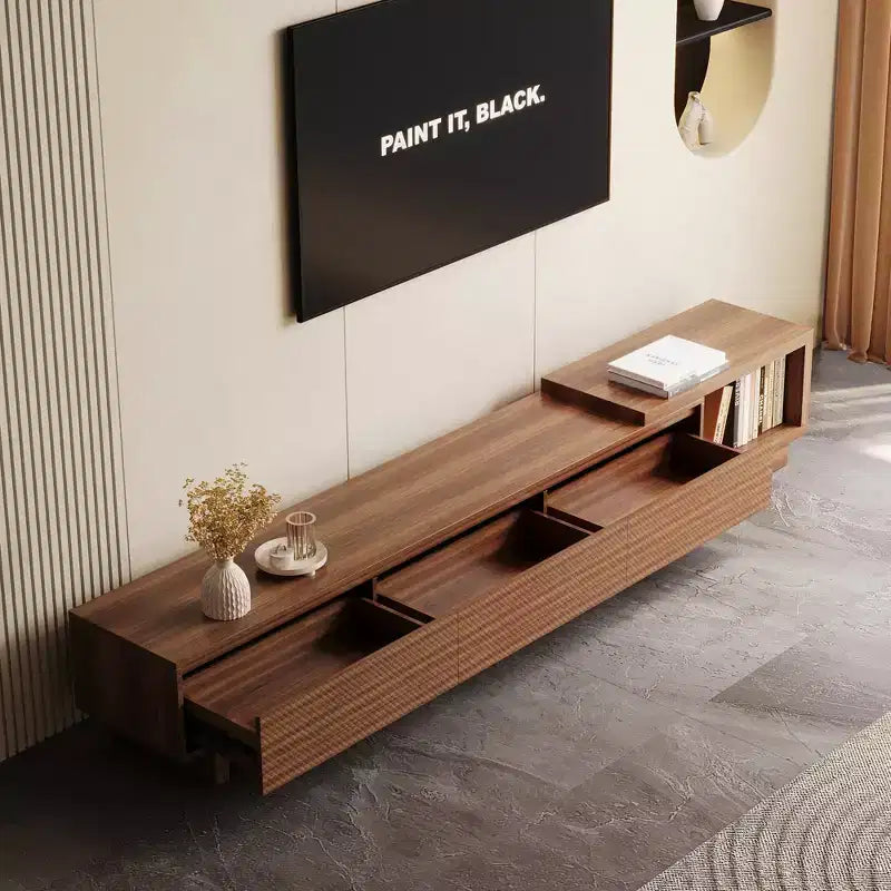 Meuble TV extensible Luck Live Mid-Century Modern 78.74102.3 avec 3 tiroirs, façade texturée et console multimédia moderne pour salon