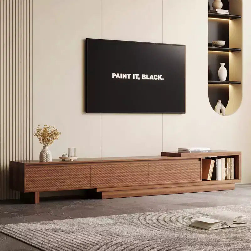 Meuble TV extensible Luck Live Mid-Century Modern 78.74102.3 avec 3 tiroirs, façade texturée et console multimédia moderne pour salon
