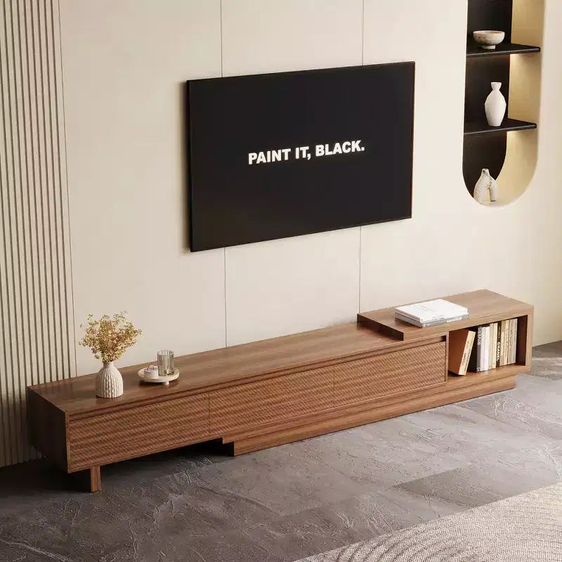 Meuble TV extensible Luck Live Mid-Century Modern 78.74102.3 avec 3 tiroirs, façade texturée et console multimédia moderne pour salon
