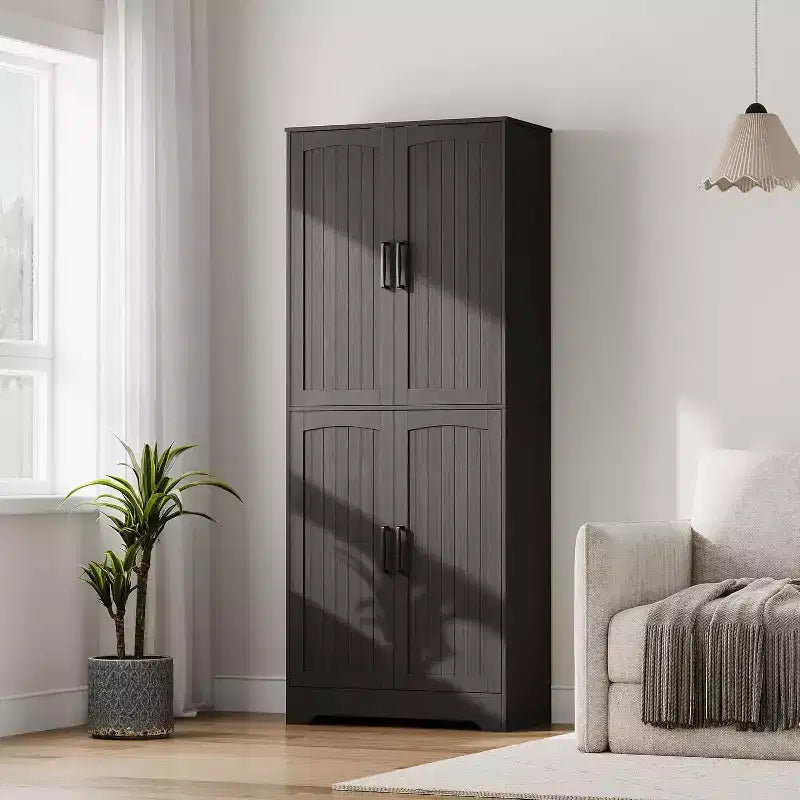 Farmhouse Kitchen Pantry Cabinet, 71 Tall Wood Pantry Storage Cabinet with 4 Doors & Adjustable Shelves, Cupboard for Dining Room Living Room