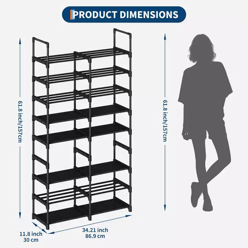 Meuble à chaussures vertical en métal à 8 niveaux avec étagères réglables, organisateur de placard haut et peu encombrant, noir