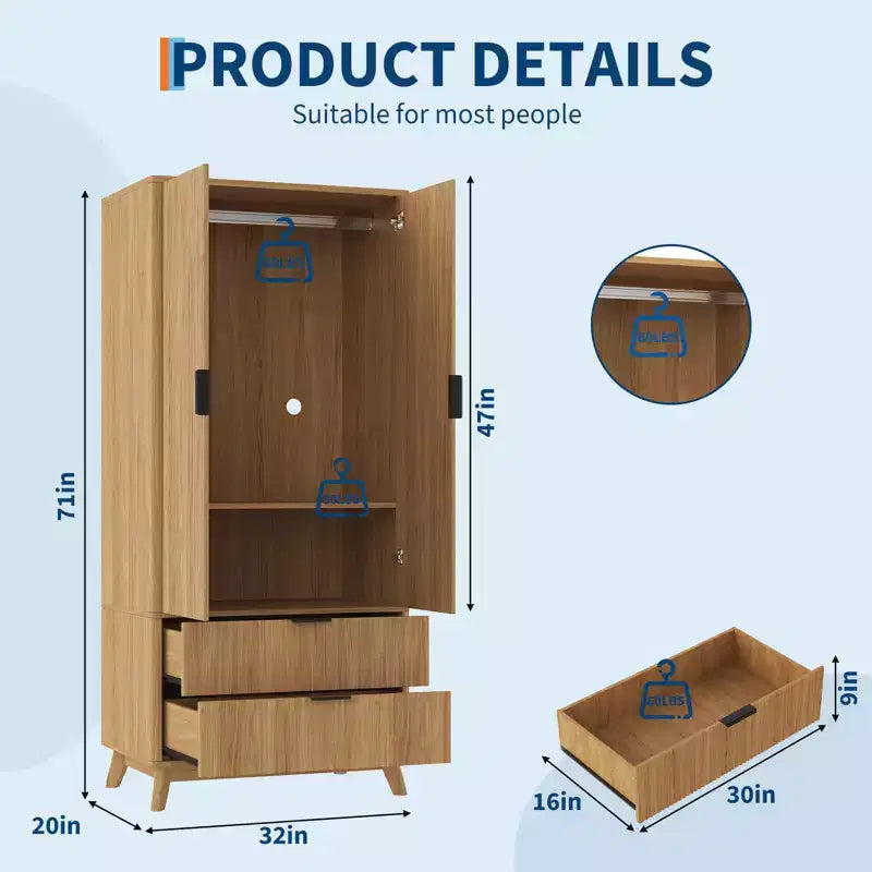 COZONY 71 Armoire de penderie avec tiroirs, meuble de rangement moderne en bois pour chambre à coucher avec étagères réglables et tringle à vêtements