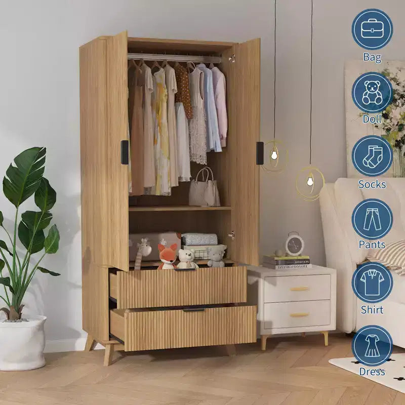 COZONY 71 Armoire de penderie avec tiroirs, meuble de rangement moderne en bois pour chambre à coucher avec étagères réglables et tringle à vêtements