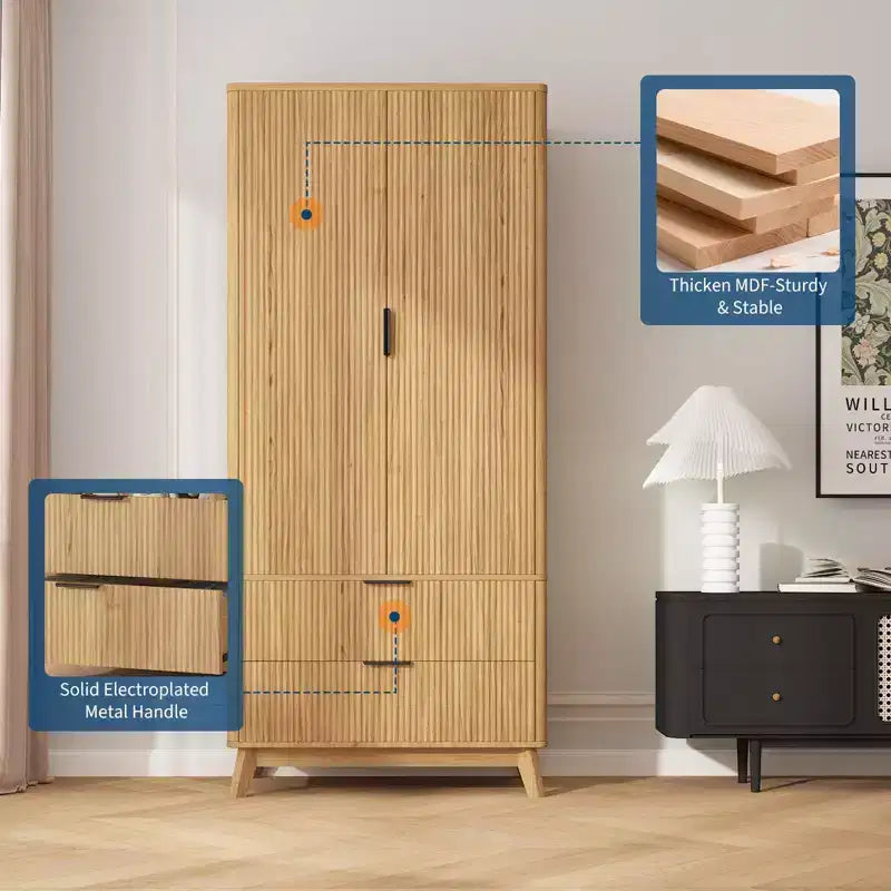 COZONY 71 Armoire de penderie avec tiroirs, meuble de rangement moderne en bois pour chambre à coucher avec étagères réglables et tringle à vêtements