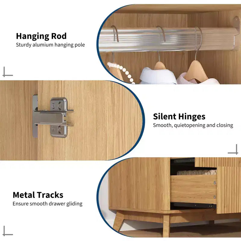 COZONY 71 Armoire de penderie avec tiroirs, meuble de rangement moderne en bois pour chambre à coucher avec étagères réglables et tringle à vêtements