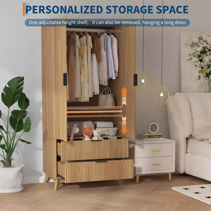 COZONY 71 Armoire de penderie avec tiroirs, meuble de rangement moderne en bois pour chambre à coucher avec étagères réglables et tringle à vêtements