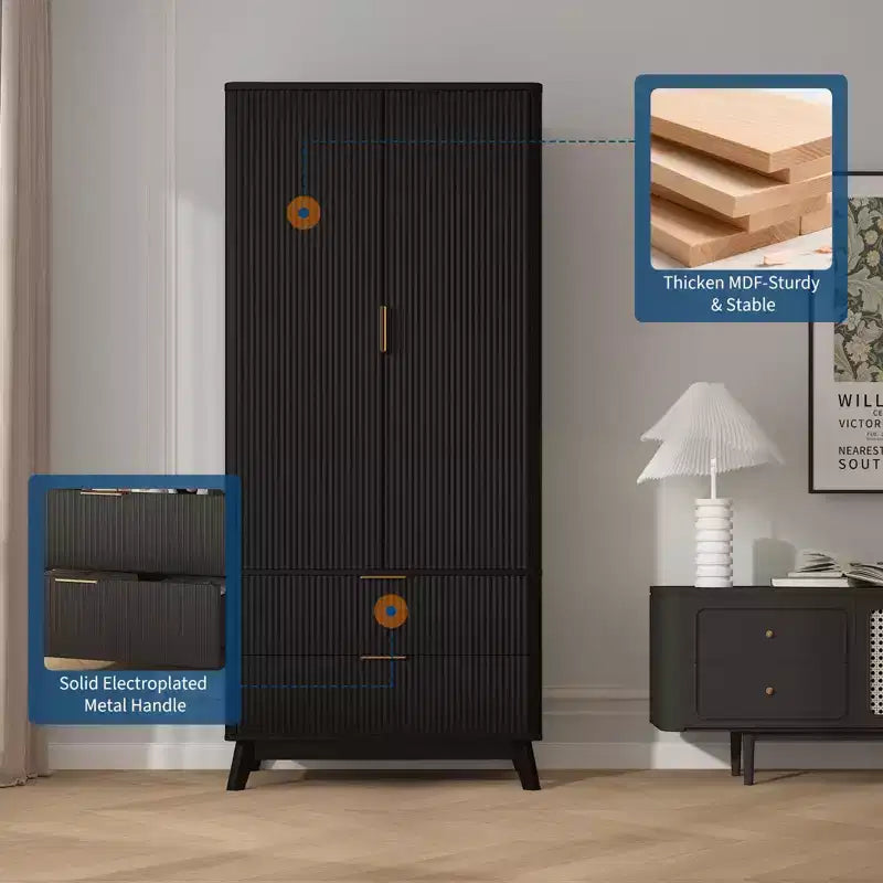 COZONY 71 Armoire de penderie avec tiroirs, meuble de rangement moderne en bois pour chambre à coucher avec étagères réglables et tringle à vêtements