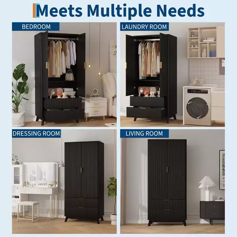 COZONY 71 Armoire de penderie avec tiroirs, meuble de rangement moderne en bois pour chambre à coucher avec étagères réglables et tringle à vêtements