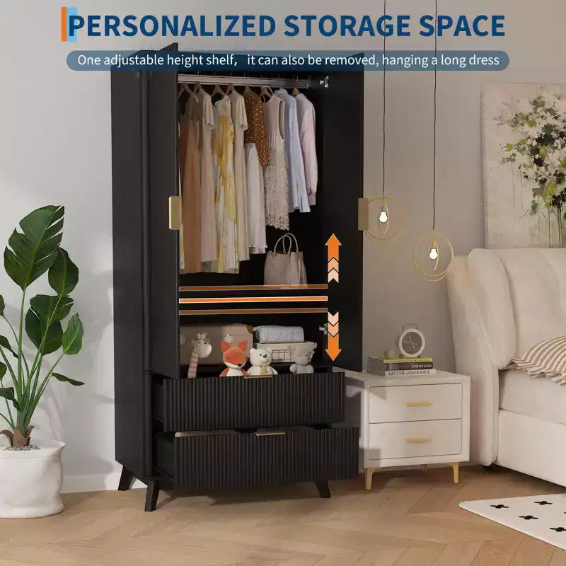 COZONY 71 Armoire de penderie avec tiroirs, meuble de rangement moderne en bois pour chambre à coucher avec étagères réglables et tringle à vêtements
