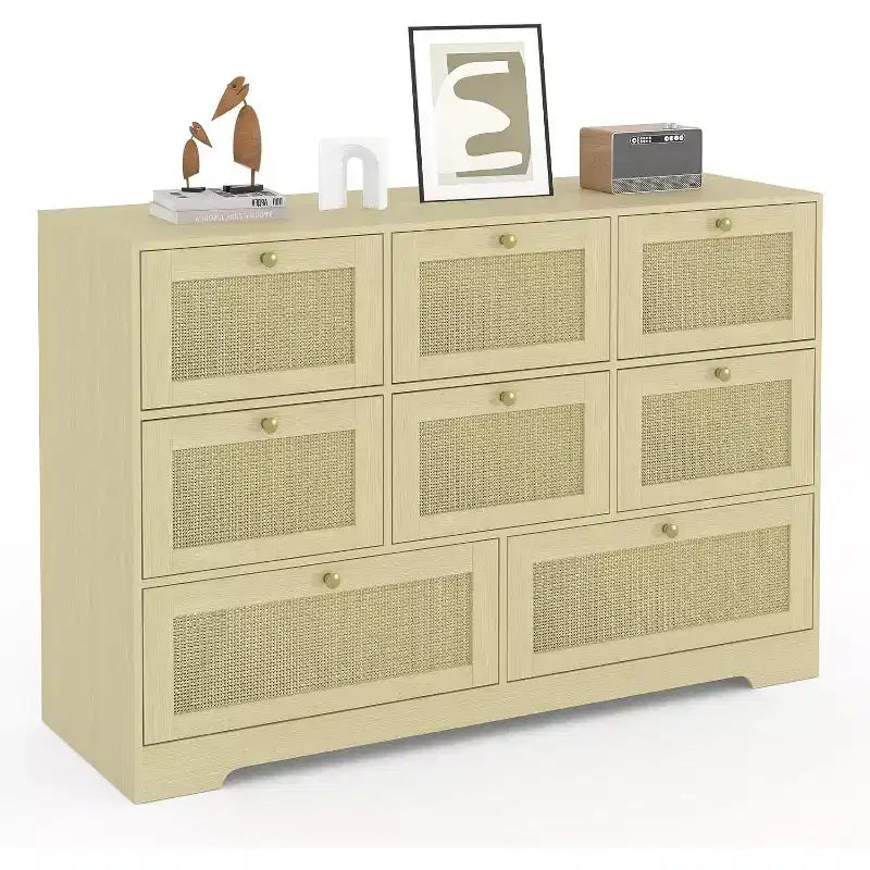 Rattan Dresser with 6 Drawers, Modern Boho Wooden Dresser for Bedroom Storage, Wicker Chest of Drawers with Metal Handles & Wood Legs