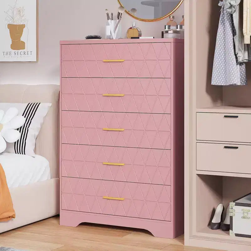 Commode en bois à 5 tiroirs pour chambre à coucher, commode en bois avec poignées dorées pour placard, table de chevet moderne, meuble de rangement.