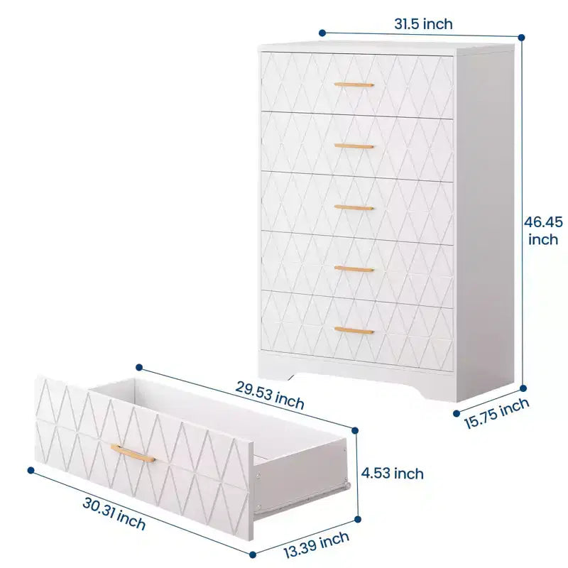 Commode en bois à 5 tiroirs pour chambre à coucher, commode en bois avec poignées dorées pour placard, table de chevet moderne, meuble de rangement.