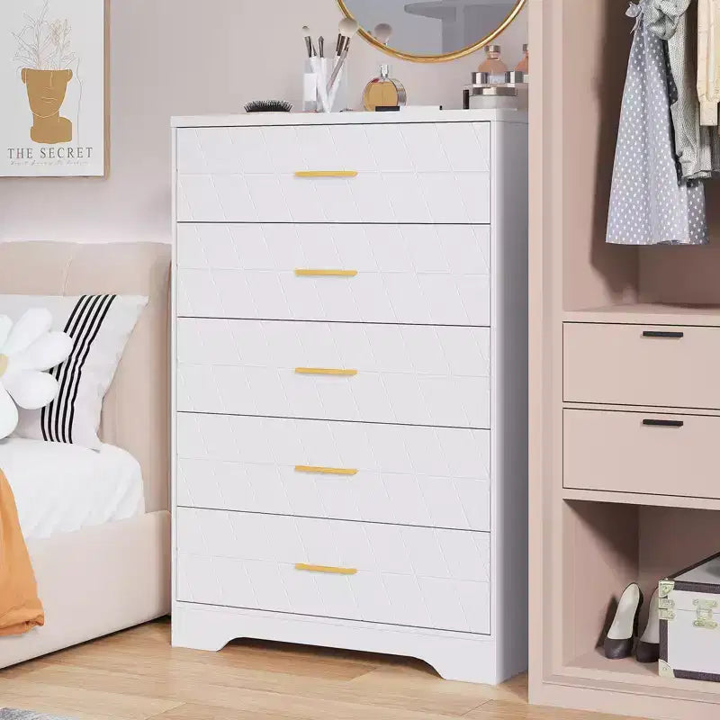Commode en bois à 5 tiroirs pour chambre à coucher, commode en bois avec poignées dorées pour placard, table de chevet moderne, meuble de rangement.