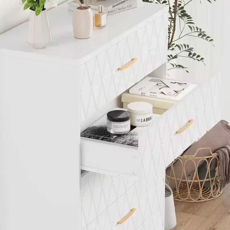 Commode en bois à 5 tiroirs pour chambre à coucher, commode en bois avec poignées dorées pour placard, table de chevet moderne, meuble de rangement.