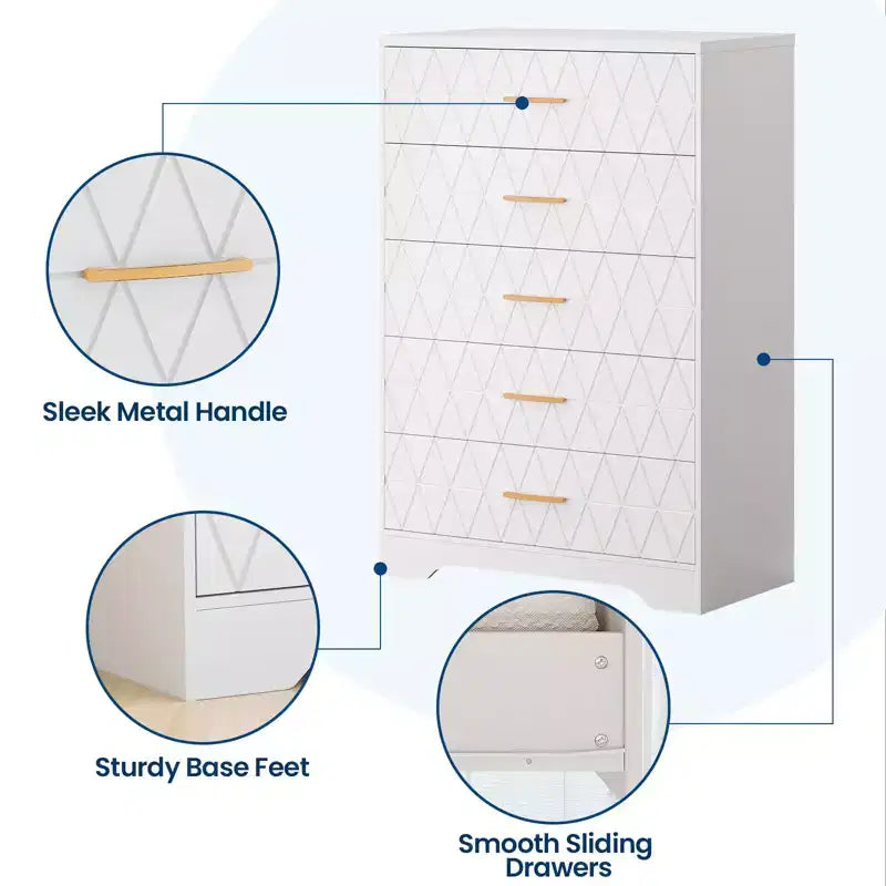 Commode en bois à 5 tiroirs pour chambre à coucher, commode en bois avec poignées dorées pour placard, table de chevet moderne, meuble de rangement.