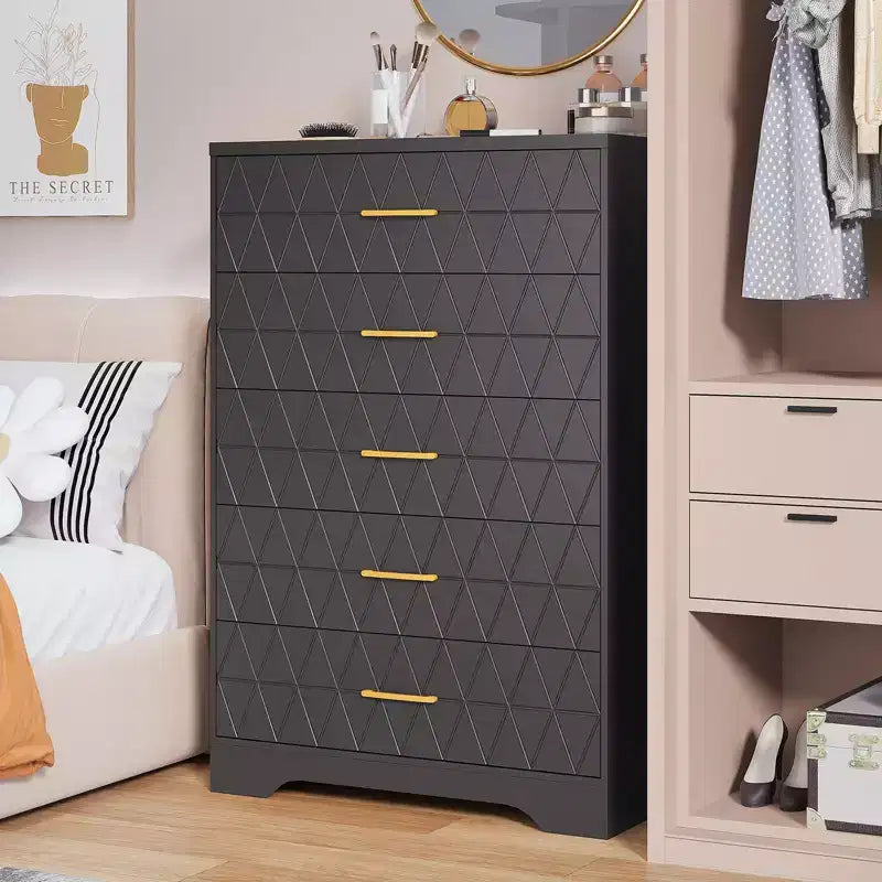 Commode en bois à 5 tiroirs pour chambre à coucher, commode en bois avec poignées dorées pour placard, table de chevet moderne, meuble de rangement.