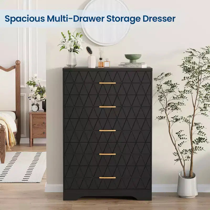 Commode en bois à 5 tiroirs pour chambre à coucher, commode en bois avec poignées dorées pour placard, table de chevet moderne, meuble de rangement.